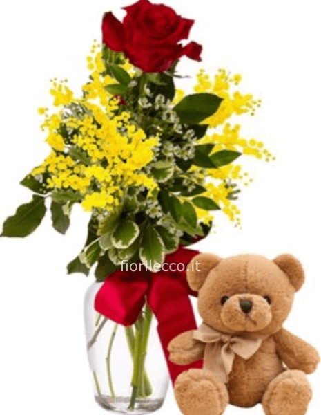 RAMO MIMOSA CON ROSA E PUPAZZETTO