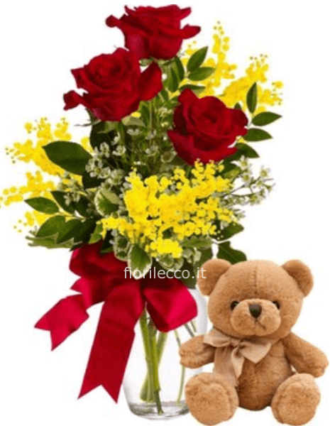 MIMOSA CON 3 ROSE ROSSE PIU PUPAZZETTO