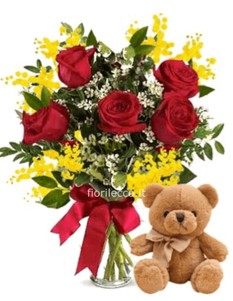 MIMOSA CON 5 ROSE ROSSE + PUPAZZETTO