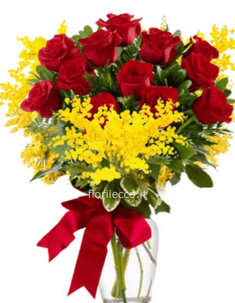 mazzo di mimosa con 12 rose rosse